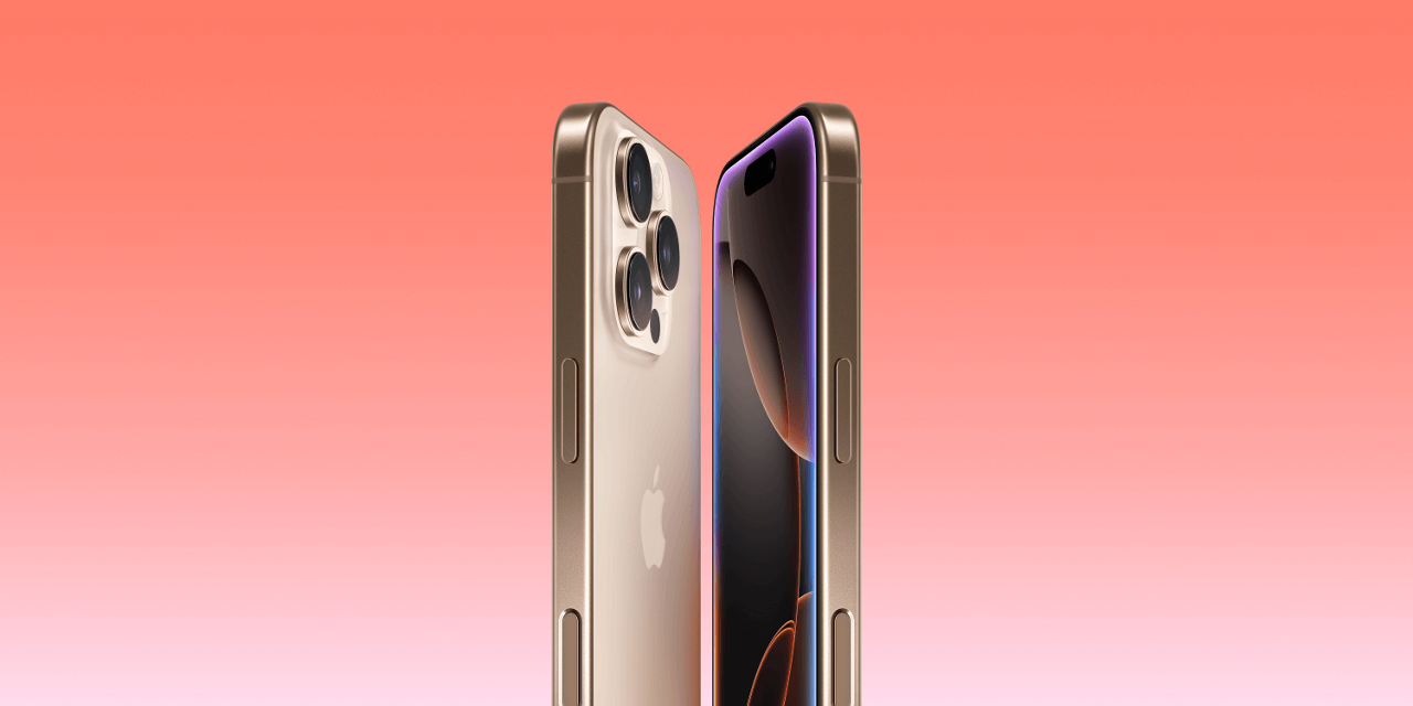 Three Business image of two hands each holding an iPhone 15 behind a gradient background
