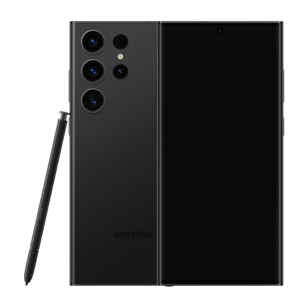 2 S23 Ultras in phantom black, shown front and back with S Pen