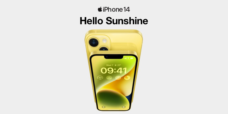 two iPhone 14s in yellow with text above saying ‘Hello sunshine’.
