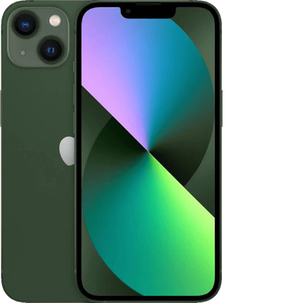 2 iPhone 13s in green, shown front and back.