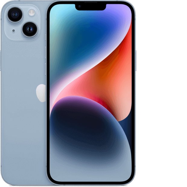 2 iPhone 14 Plus in blue, shown front and back