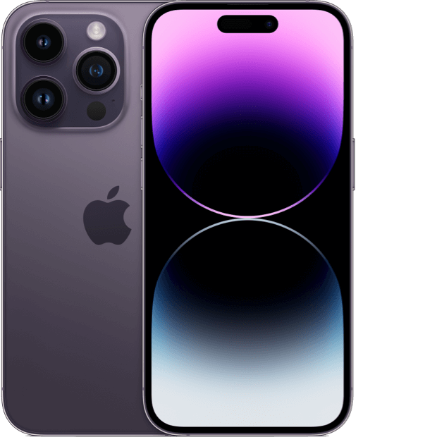 2 iPhone 14 Pros in deep purple, shown front and back