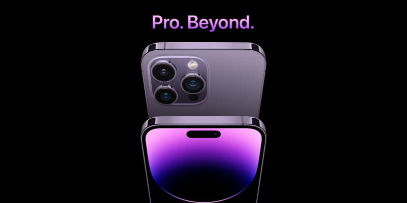 image of 2 iPhone 14 Pros – one facing the front so we can see its purple display, the other sits above and faces backwards so we can see its rear camera system. Both are tilted forwards so we can see the curved edges of the phones.