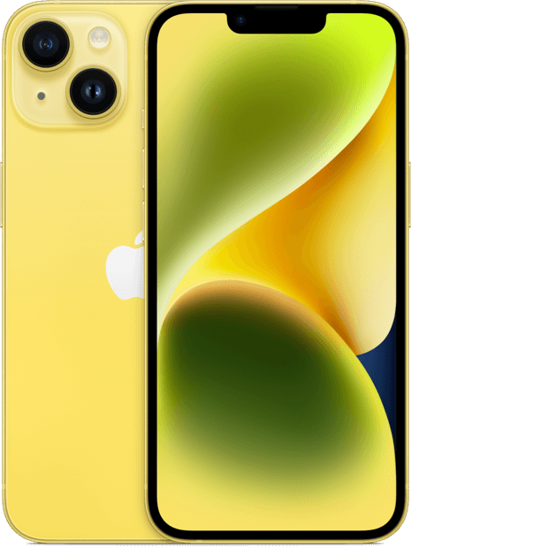 2 iPhone 14s in yellow, shown front and back