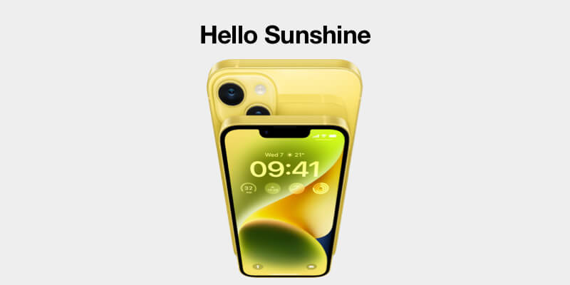 image of two iPhone 14s in yellow with text above saying ‘Hello sunshine’.