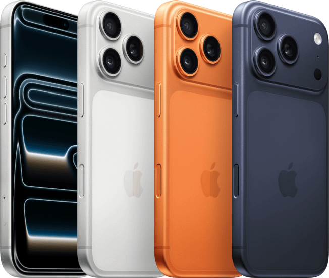 Five iPhone 17 Pro phones in different colours