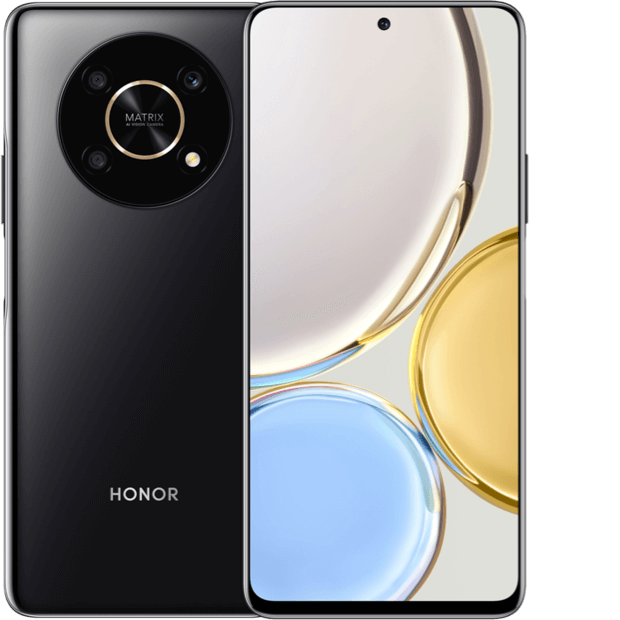 2 iPhone 14s in yellow, shown front and back