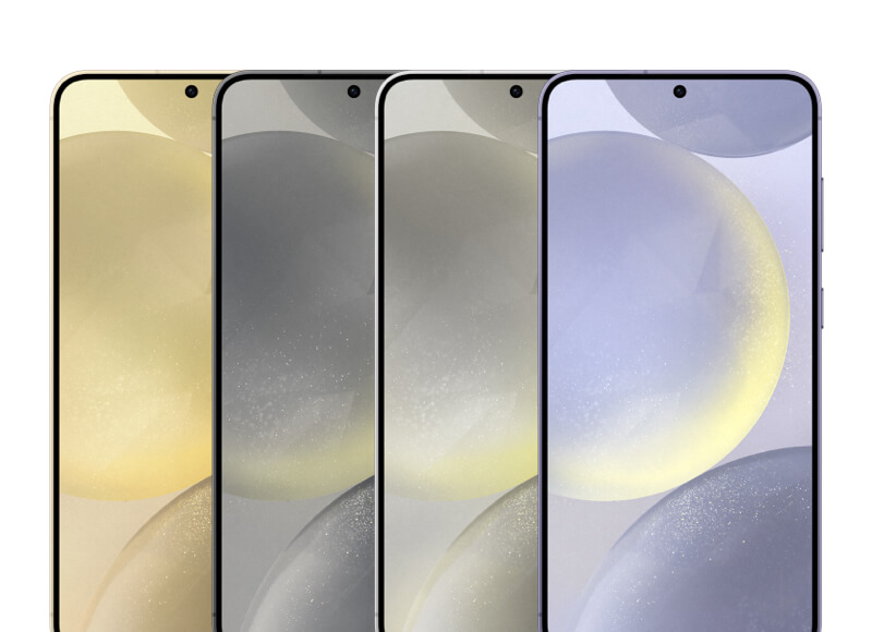 Image of the fronts of the Samsung Galaxy S24 Pluses and the four different colors