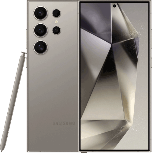 Image of 2 S24 Ultras, front and back with S Pen