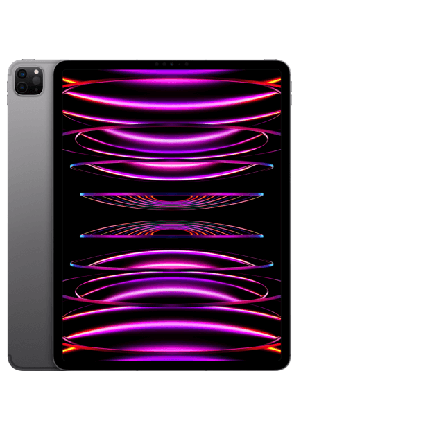 image of 2 iPad Pro 12.9 inch 6th Gen, in space grey, shown front and back